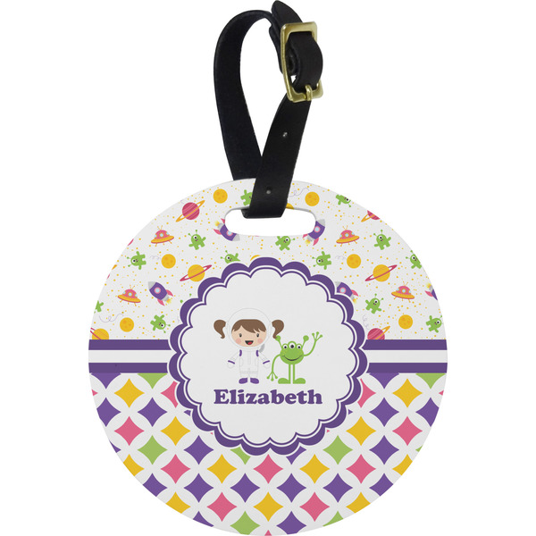 Custom Girl's Space & Geometric Print Plastic Luggage Tag - Round (Personalized)