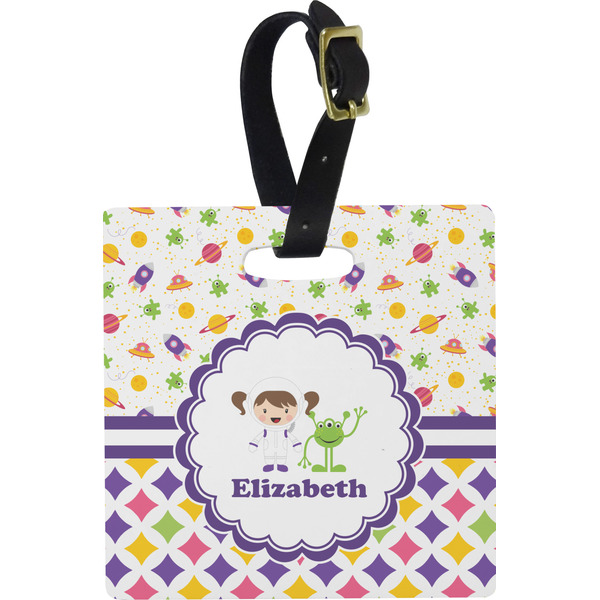 Custom Girl's Space & Geometric Print Plastic Luggage Tag - Square w/ Name or Text