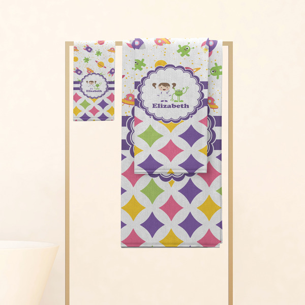 Girl's Space & Geometric Print Personalized Towel Set