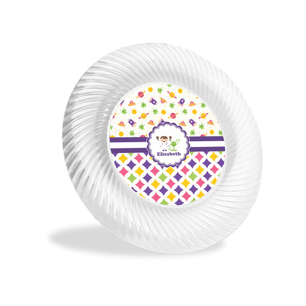 Custom Girl's Space & Geometric Print Plastic Party Appetizer & Dessert Plates - 6" (Personalized)