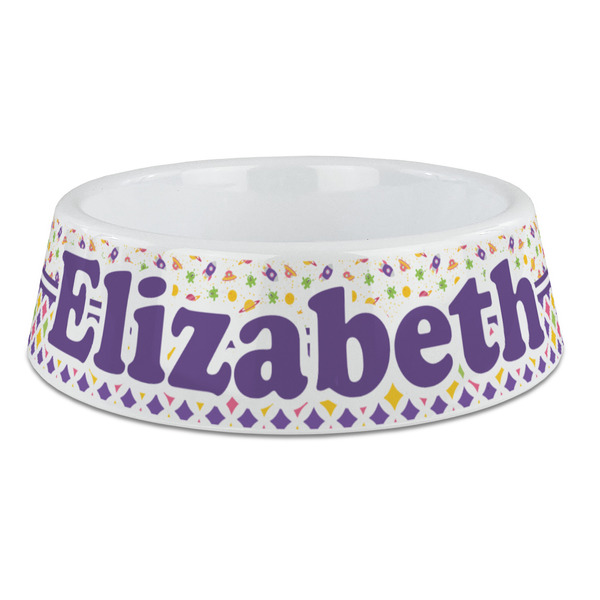 Custom Girl's Space & Geometric Print Plastic Dog Bowl - Large (Personalized)