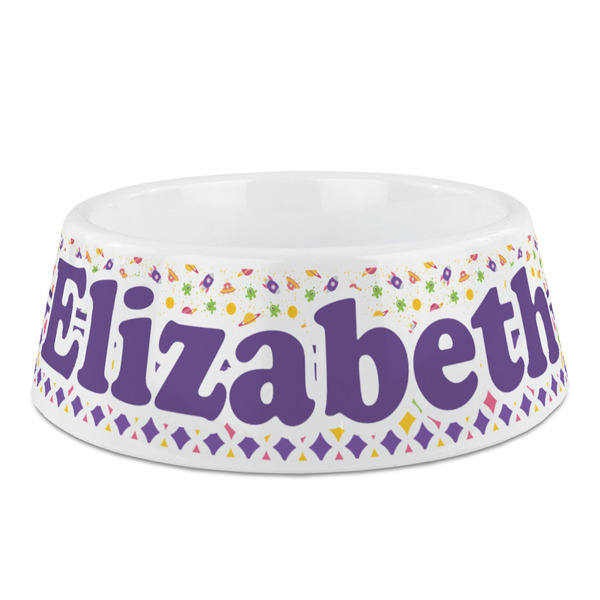 Custom Girl's Space & Geometric Print Plastic Dog Bowl - Medium (Personalized)