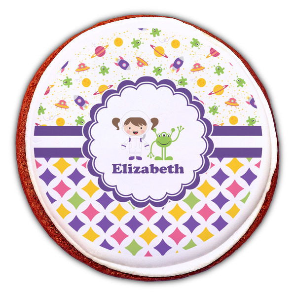 Girl's Space & Geometric Print Printed Icing Circle - Large - On Cookie