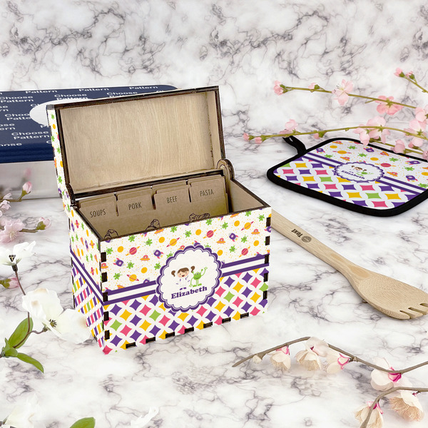 Girl's Space & Geometric Print Recipe Box - Full Color - In Context