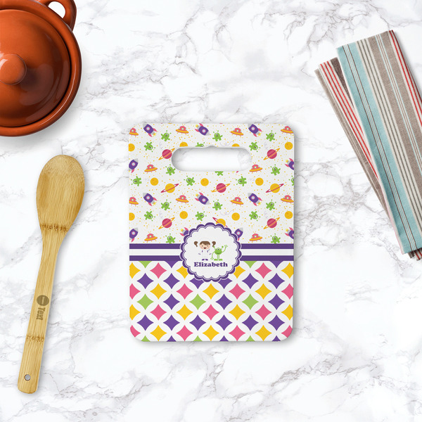 Girl's Space & Geometric Print Rectangle Trivet with Handle - LIFESTYLE