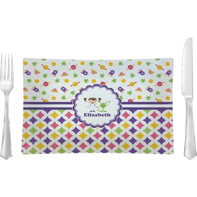 Girl's Space & Geometric Print Rectangular Glass Lunch / Dinner Plate - Single or Set (Personalized)