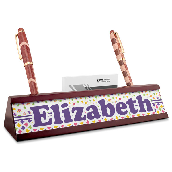 Custom Girl's Space & Geometric Print Red Mahogany Nameplate with Business Card Holder (Personalized)