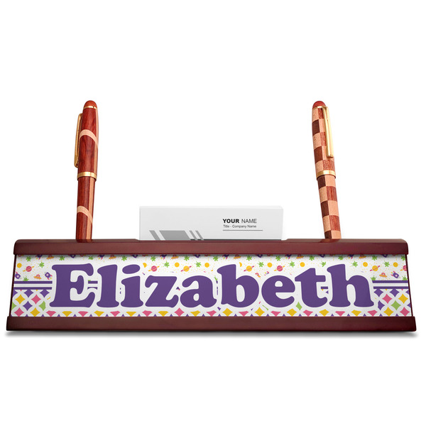 Girl's Space & Geometric Print Red Mahogany Nameplates with Business Card Holder - Straight