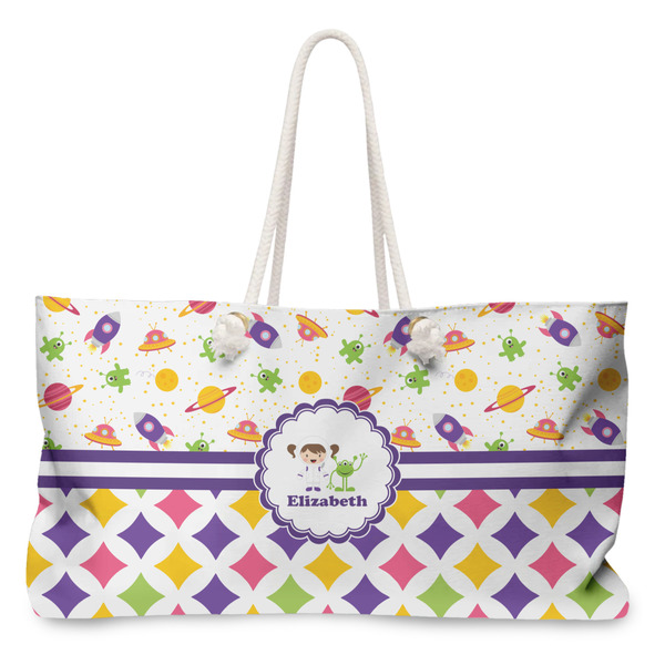 Custom Girl's Space & Geometric Print Large Tote Bag with Rope Handles (Personalized)