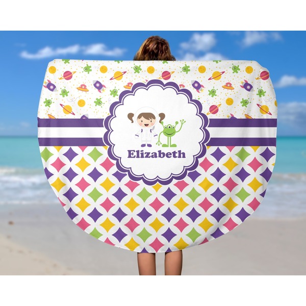 Girl's Space & Geometric Print Round Beach Towel - In Use