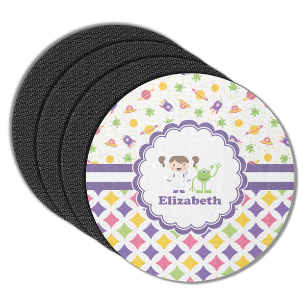 Custom Girl's Space & Geometric Print Round Rubber Backed Coasters - Set of 4 (Personalized)