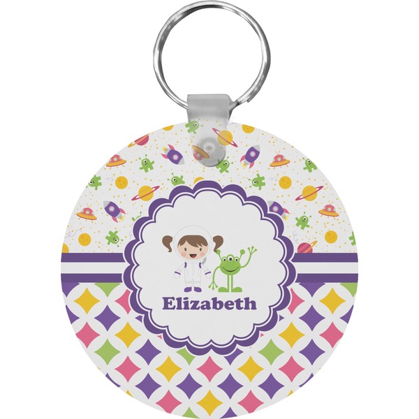 Custom Girl's Space & Geometric Print Round Plastic Keychain (Personalized)