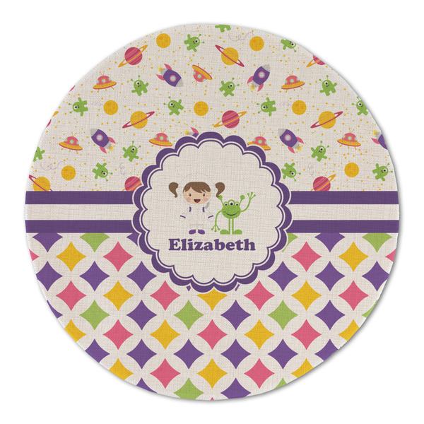 Custom Girl's Space & Geometric Print Round Linen Placemat (Personalized)