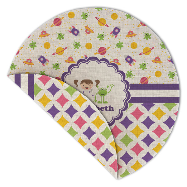 Girl's Space & Geometric Print Round Linen Placemats - Front (folded corner double sided)