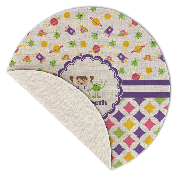 Girl's Space & Geometric Print Round Linen Placemats - Front (folded corner single sided)