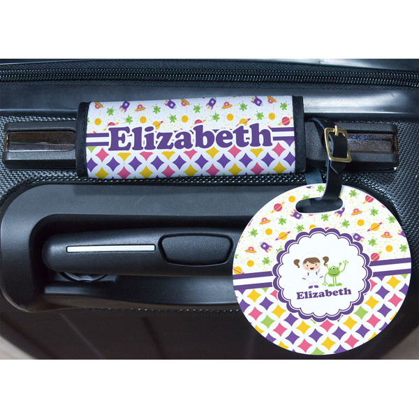Girl's Space & Geometric Print Round Luggage Tag & Handle Wrap - In Context