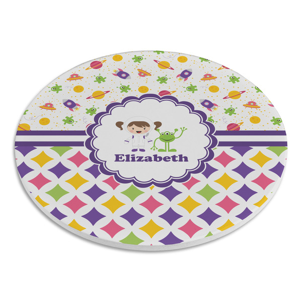 Girl's Space & Geometric Print Round Stone Trivet - Angle View
