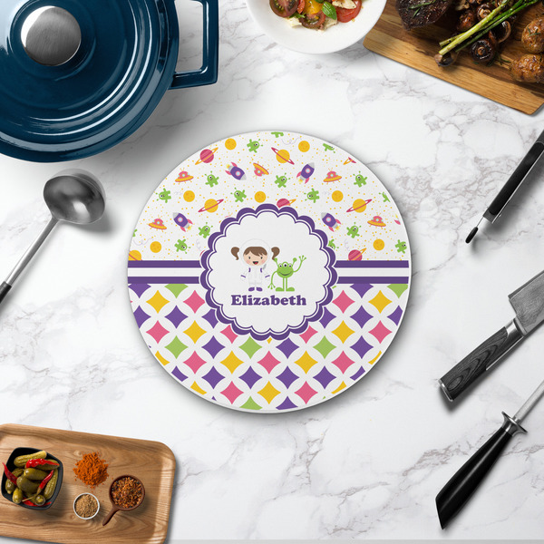 Girl's Space & Geometric Print Round Stone Trivet - In Context View