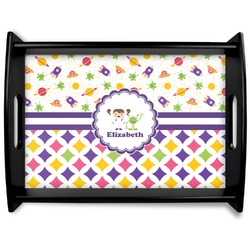 Girl's Space & Geometric Print Black Wooden Tray - Large (Personalized)