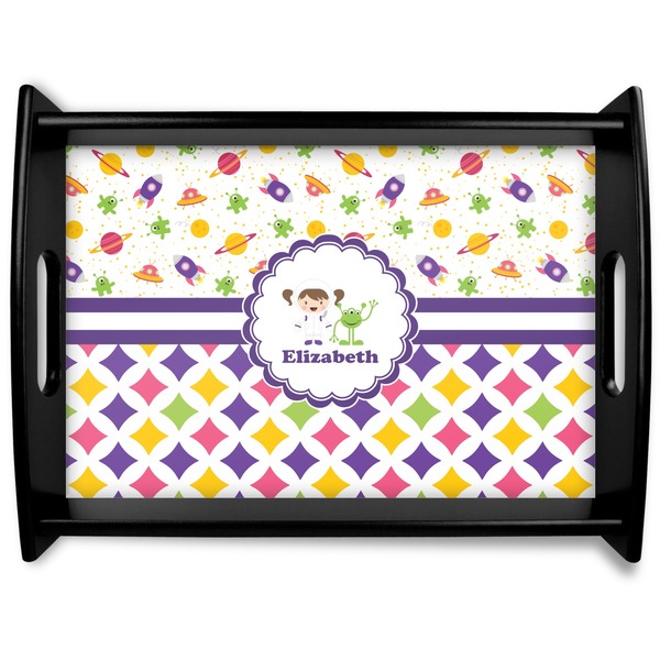 Custom Girl's Space & Geometric Print Black Wooden Tray - Large (Personalized)