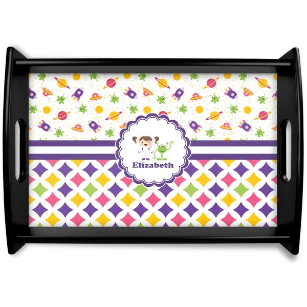 Custom Girl's Space & Geometric Print Black Wooden Tray - Small (Personalized)