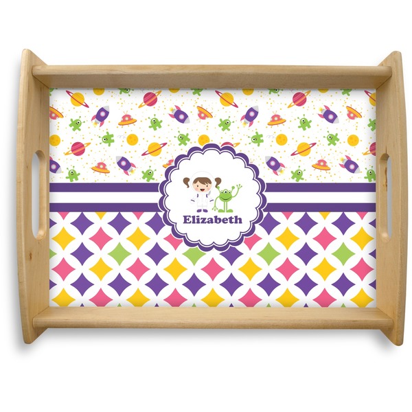 Custom Girl's Space & Geometric Print Natural Wooden Tray - Large (Personalized)