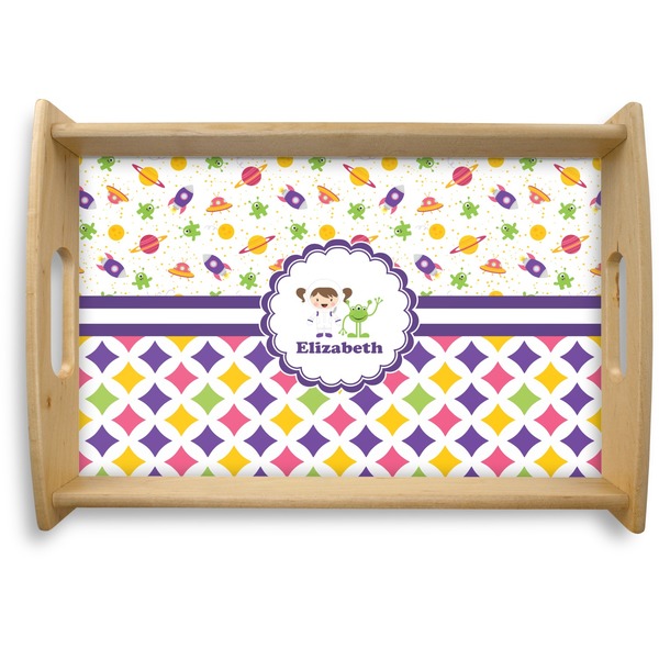 Custom Girl's Space & Geometric Print Natural Wooden Tray - Small (Personalized)