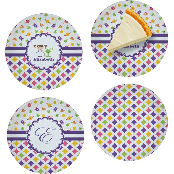 Custom Girl's Space & Geometric Print Set of 4 Glass Appetizer / Dessert Plate 8" (Personalized)