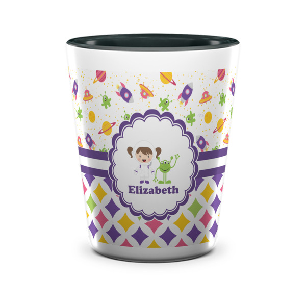 Custom Girl's Space & Geometric Print Ceramic Shot Glass - 1.5 oz - Two Tone - Set of 4 (Personalized)