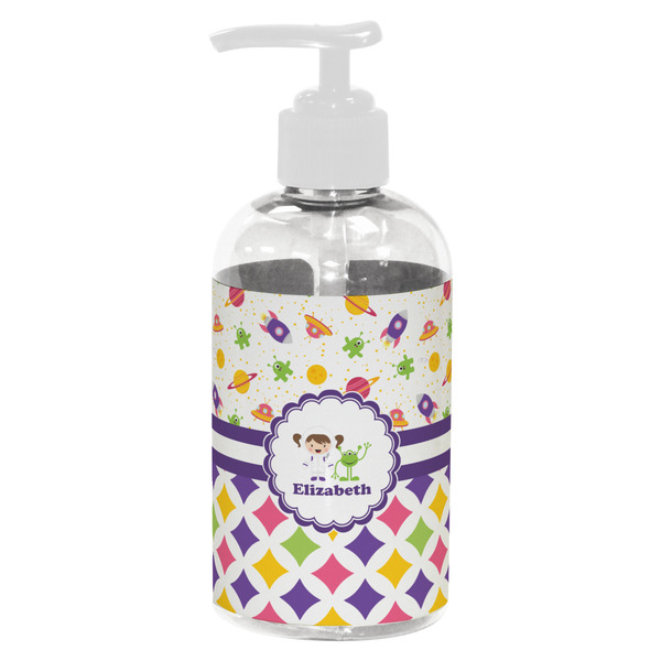 Custom Girl's Space & Geometric Print Plastic Soap / Lotion Dispenser (8 oz - Small - White) (Personalized)