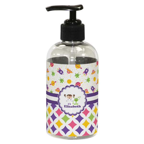 Custom Girl's Space & Geometric Print Plastic Soap / Lotion Dispenser (8 oz - Small - Black) (Personalized)