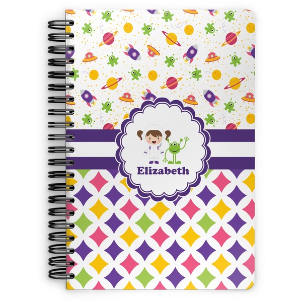 Custom Girl's Space & Geometric Print Spiral Notebook - 7x10 w/ Name or Text
