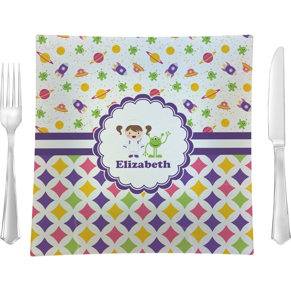 Custom Girl's Space & Geometric Print Glass Square Lunch / Dinner Plate 9.5" (Personalized)