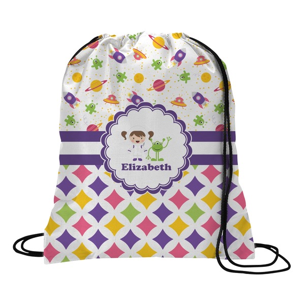 Custom Girl's Space & Geometric Print Drawstring Backpack - Large (Personalized)