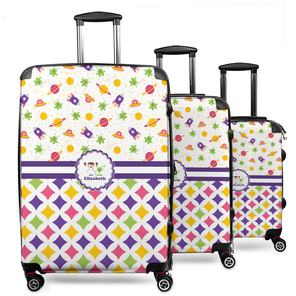 Custom Girl's Space & Geometric Print 3 Piece Luggage Set - 20" Carry On, 24" Medium Checked, 28" Large Checked (Personalized)
