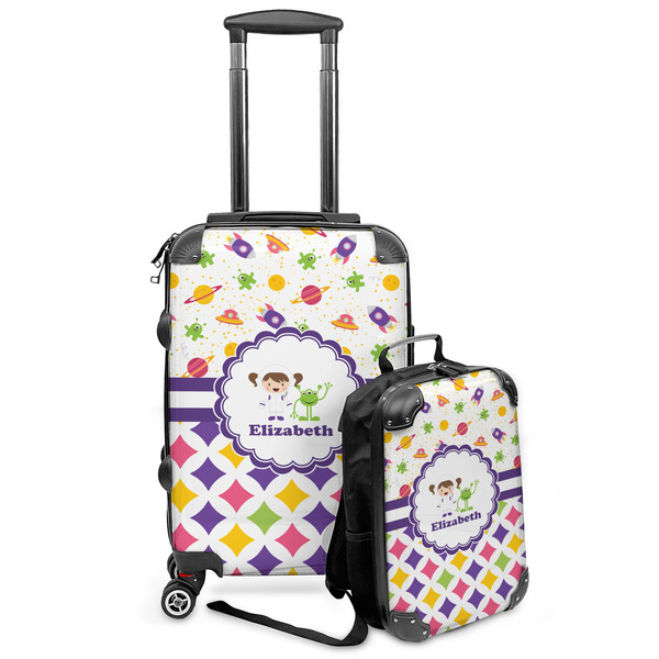 Custom Girl's Space & Geometric Print Kids 2-Piece Luggage Set - Suitcase & Backpack (Personalized)