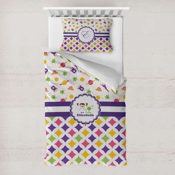 Custom Girl's Space & Geometric Print Toddler Bedding Set - With Pillowcase (Personalized)
