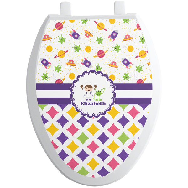 Custom Girl's Space & Geometric Print Toilet Seat Decal - Elongated (Personalized)