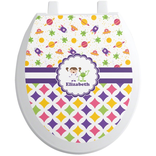 Custom Girl's Space & Geometric Print Toilet Seat Decal - Round (Personalized)