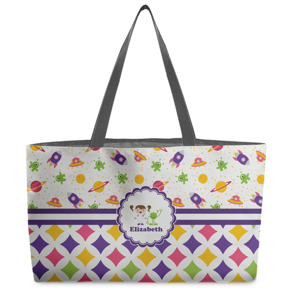 Custom Girl's Space & Geometric Print Beach Totes Bag - w/ Black Handles (Personalized)