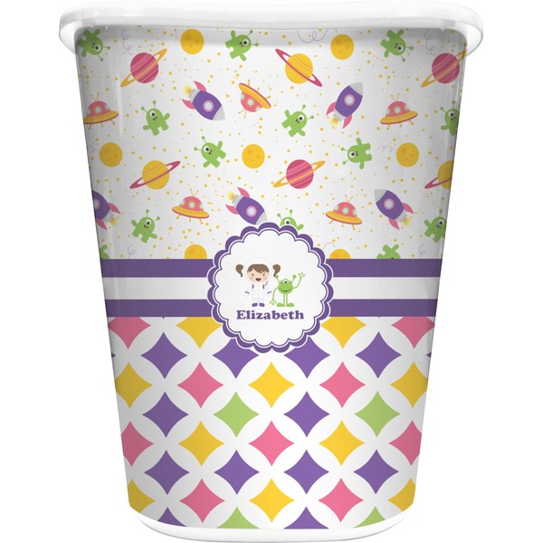 Custom Girl's Space & Geometric Print Waste Basket - Double Sided (White) (Personalized)