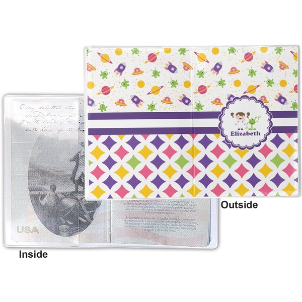 Girl's Space & Geometric Print Vinyl Passport Holder - Flat Front and Back