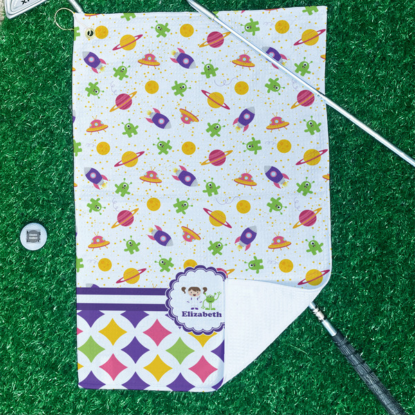 Girl's Space & Geometric Print Waffle Weave Golf Towel - In Context
