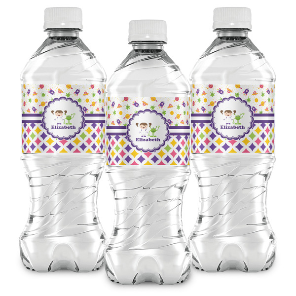 Girl's Space & Geometric Print Water Bottle Labels - Front View