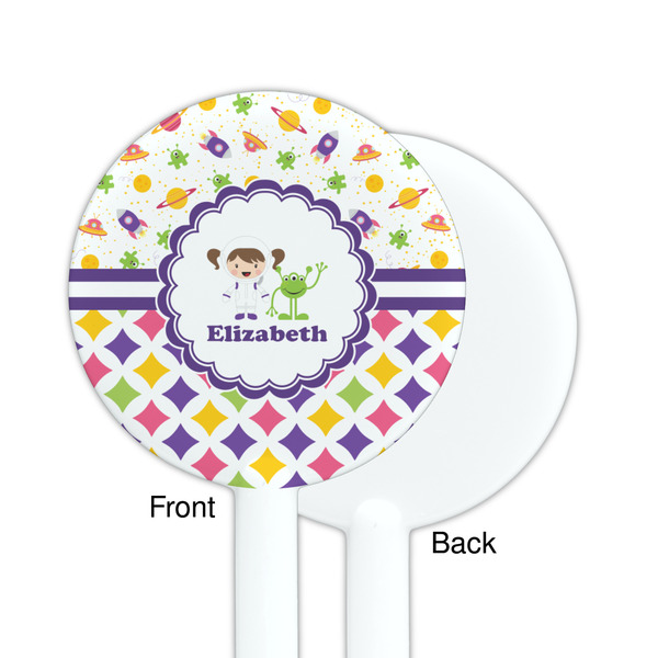 Girl's Space & Geometric Print White Plastic 5.5" Stir Stick - Single Sided - Round - Front & Back