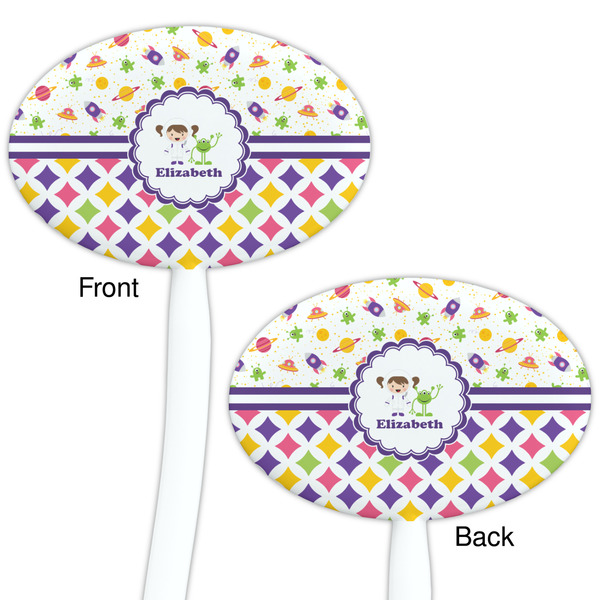Girl's Space & Geometric Print White Plastic 7" Stir Stick - Double Sided - Oval - Front & Back
