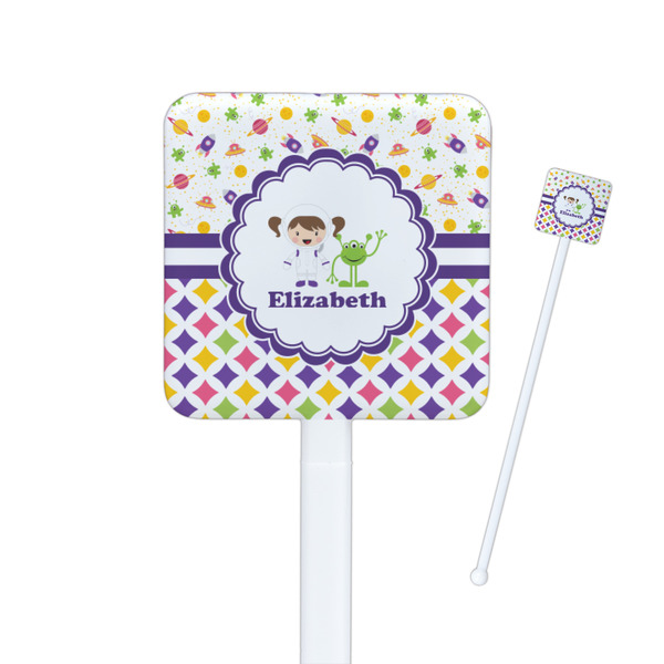 Custom Girl's Space & Geometric Print Square Plastic Stir Sticks (Personalized)