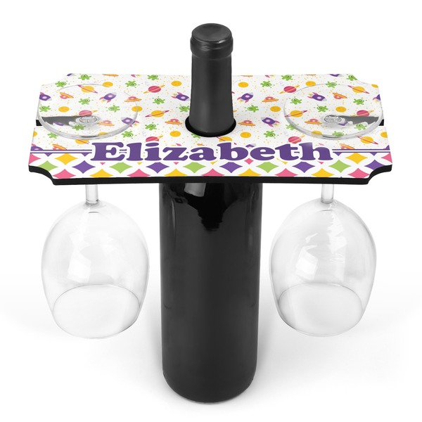Custom Girl's Space & Geometric Print Wine Bottle & Glass Holder (Personalized)