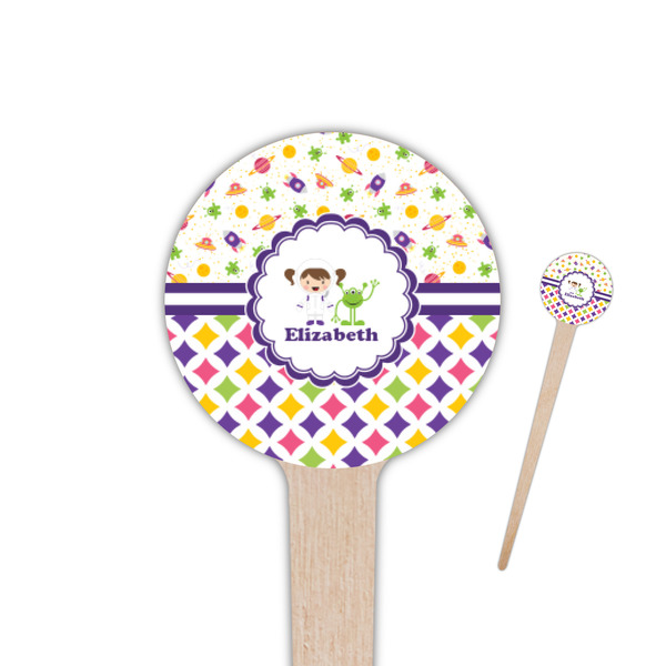 Custom Girl's Space & Geometric Print 4" Round Wooden Food Picks - Double Sided (Personalized)