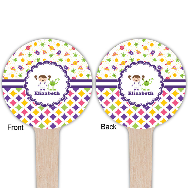 Girl's Space & Geometric Print Wooden 4" Food Pick - Round - Double Sided - Front & Back